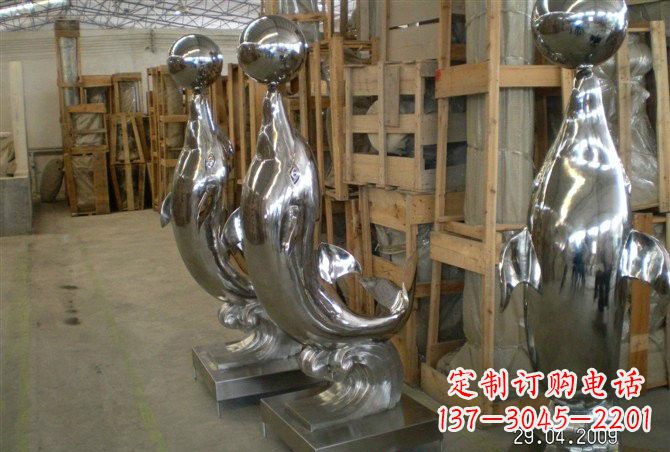 廊坊不锈钢抽象海豚顶球雕塑