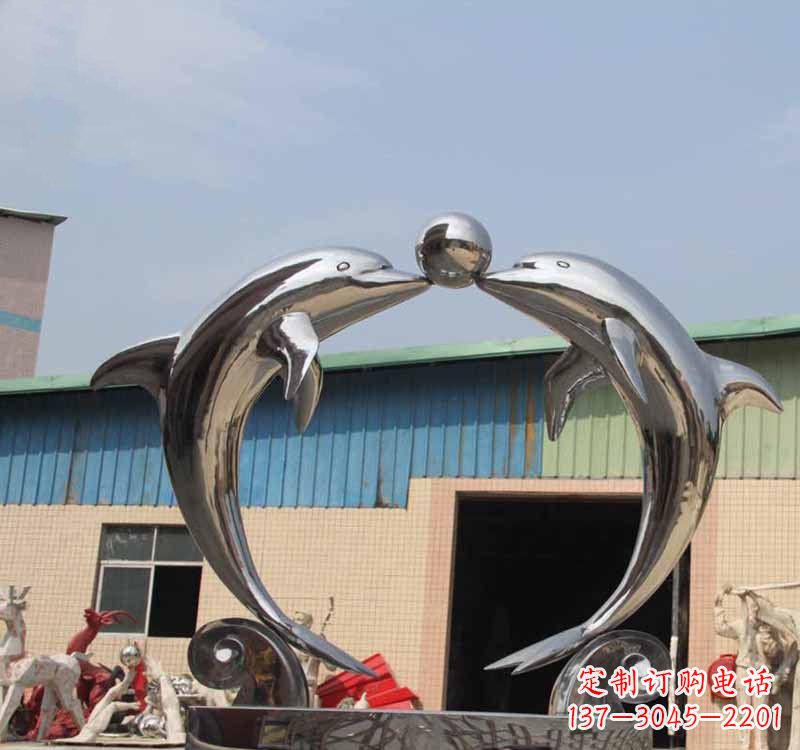 廊坊海豚之恋——不锈钢公园镜面海豚顶球雕塑