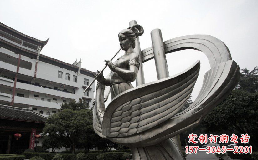 廊坊古典美女不锈钢吹笛子雕塑