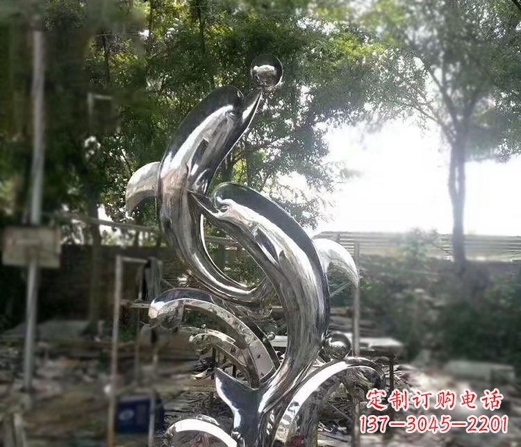廊坊不锈钢海豚顶球雕塑