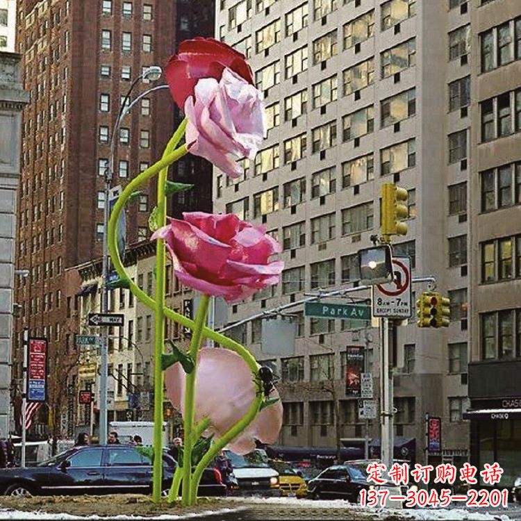 廊坊城市街道玻璃钢玫瑰花景观花朵雕塑