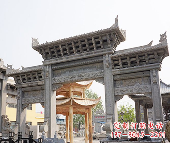 廊坊村庄大理石三门牌坊石雕