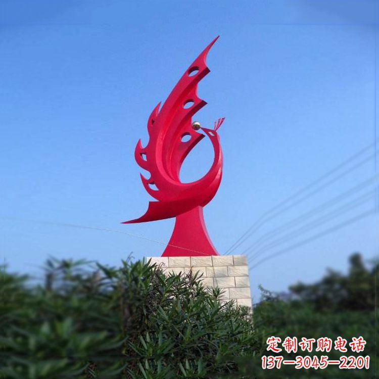 廊坊大象红色凤凰不锈钢雕塑-城市动物标识景观雕塑