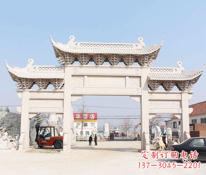 廊坊道路三门石牌坊石雕 (2)