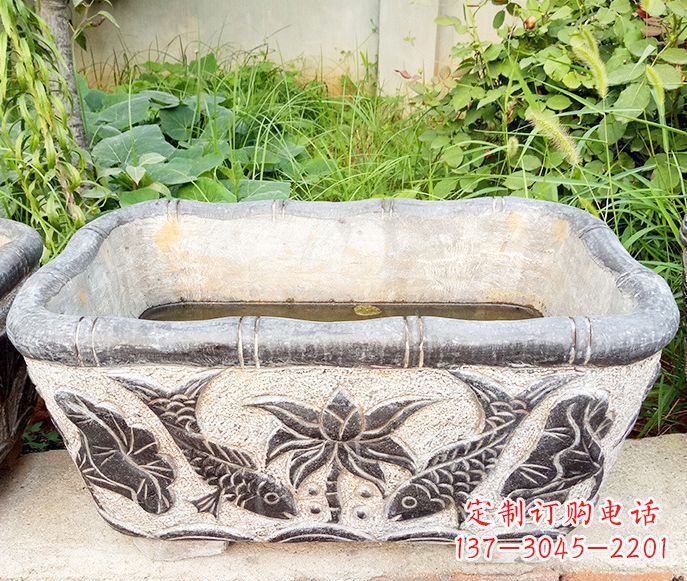 廊坊方形荷花鲤鱼石浮雕水缸