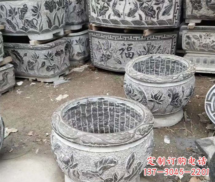 廊坊仿古荷花石浮雕水缸塑像