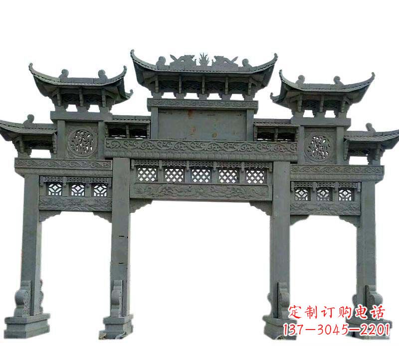 廊坊仿古三门大理石牌坊石雕