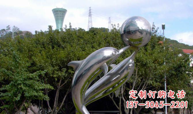 廊坊高贵静谧的不锈钢海豚顶球雕塑