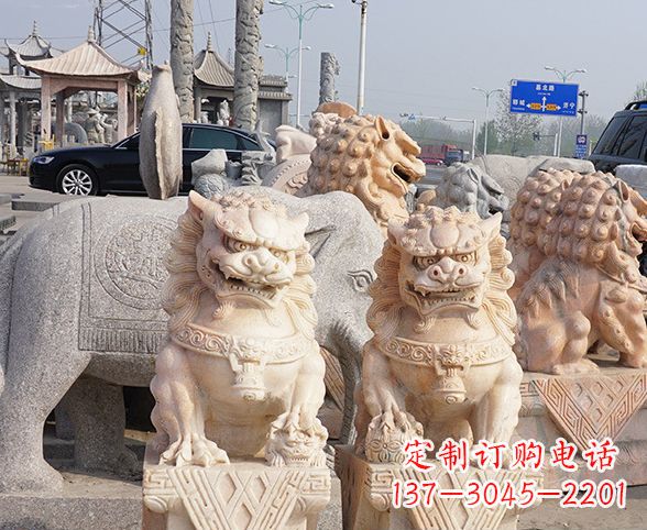 廊坊公园动物晚霞红狮子石雕