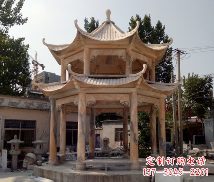 廊坊公园景观晚霞红双层石雕凉亭