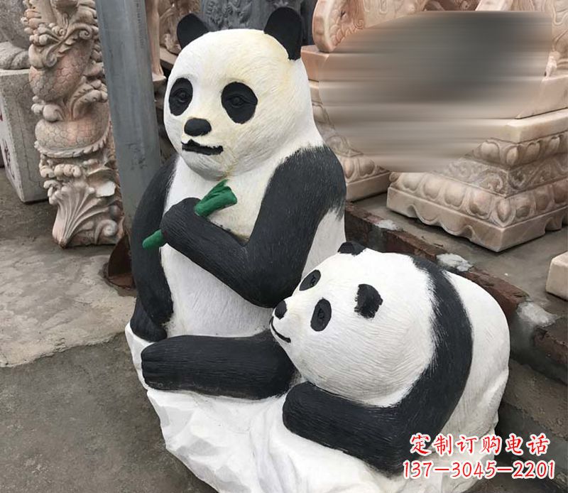 廊坊领雕塑——公园母子熊猫石雕