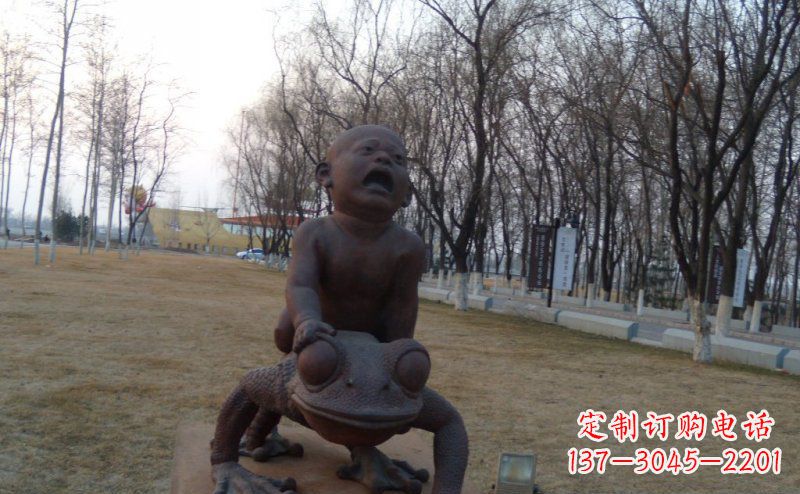 廊坊公园骑青蛙的小孩景观铜雕