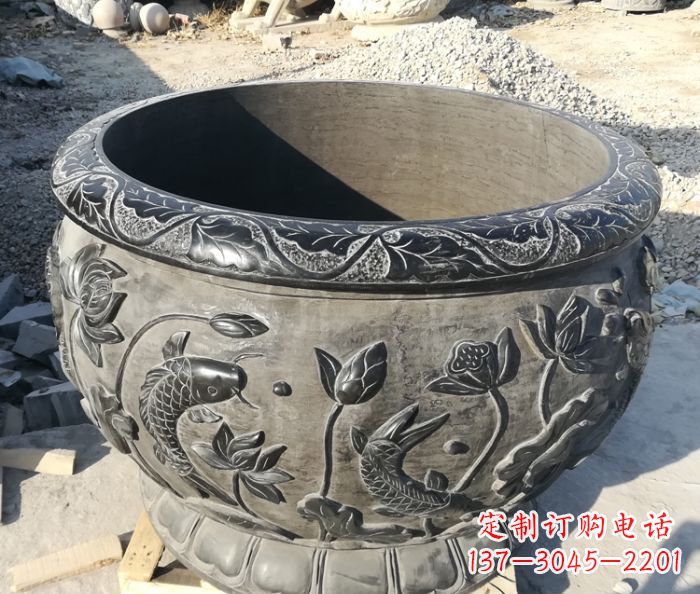 廊坊青石仿古雕塑荷花水缸