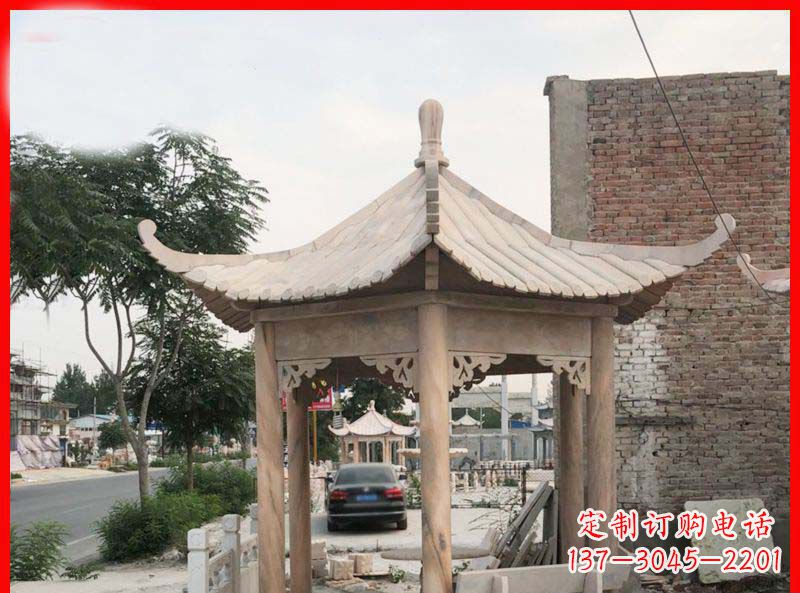 廊坊公园晚霞红六角石凉亭雕塑