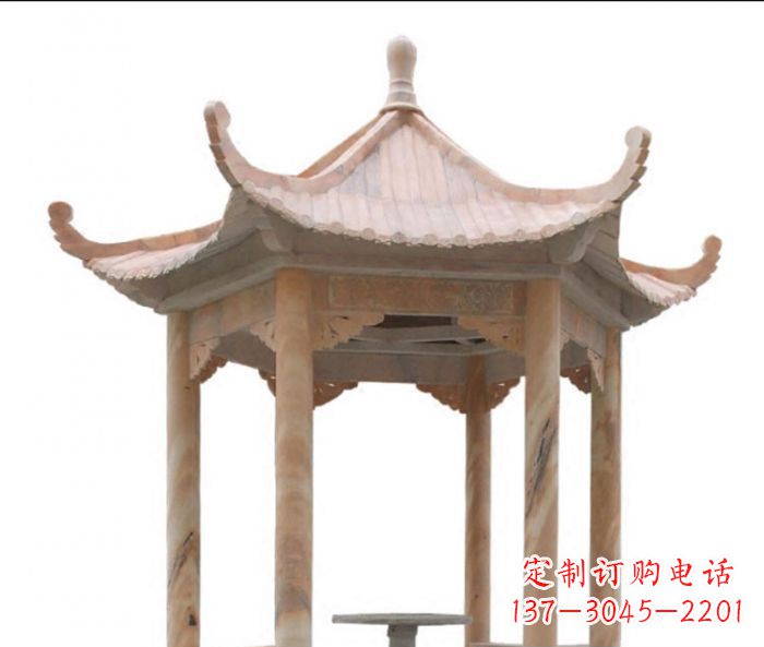 廊坊美丽而优雅的公园晚霞红六角石凉亭雕塑