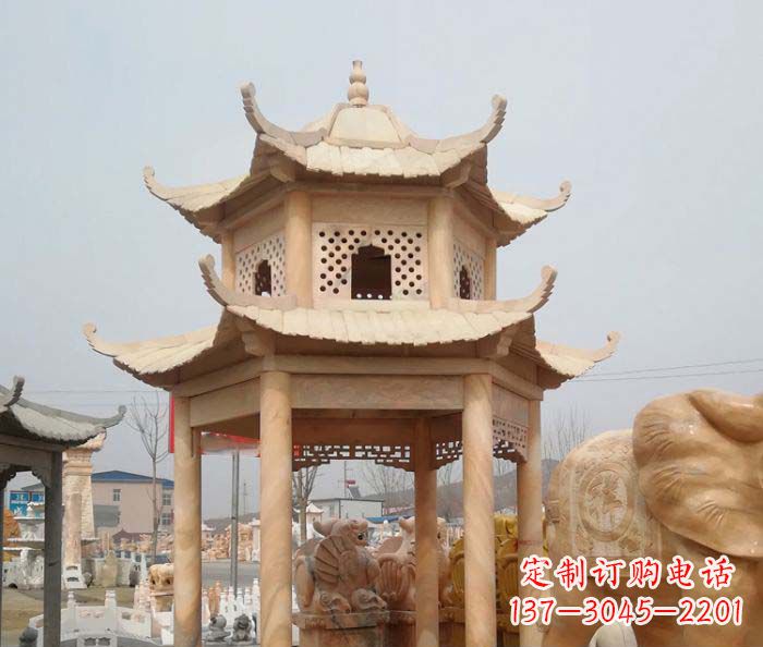 廊坊红双层六角石凉亭雕塑