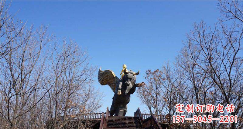 廊坊精美铜雕雕塑——可爱小男孩站在飞牛上