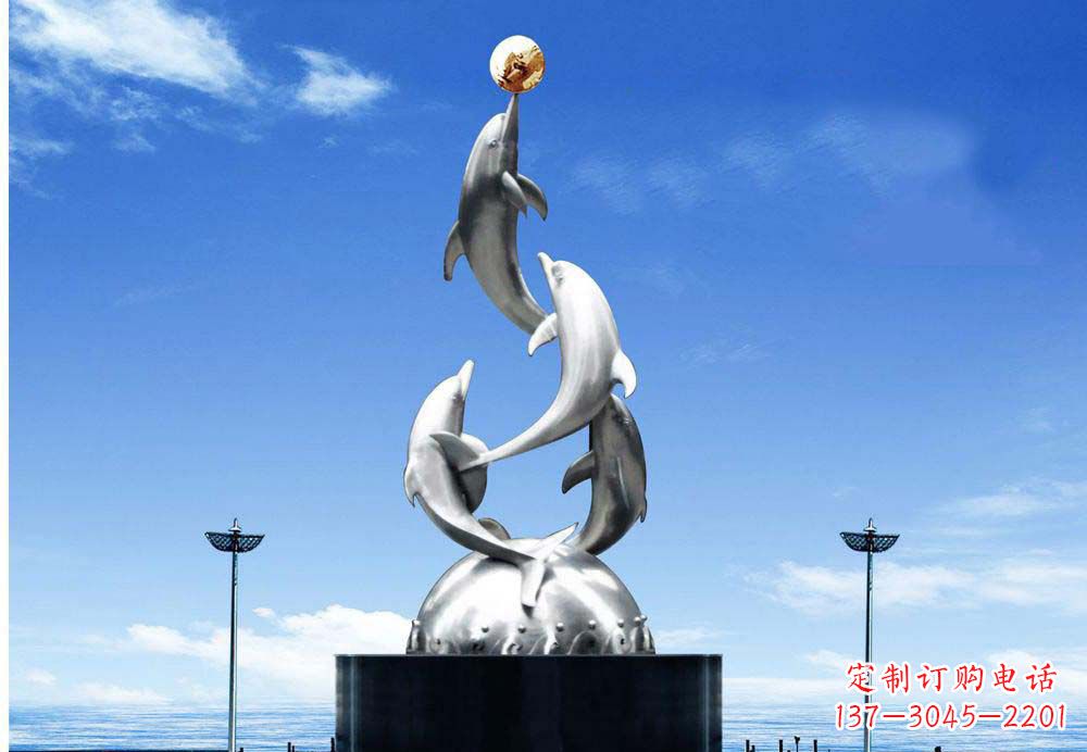 廊坊广场不锈钢海豚顶球雕塑