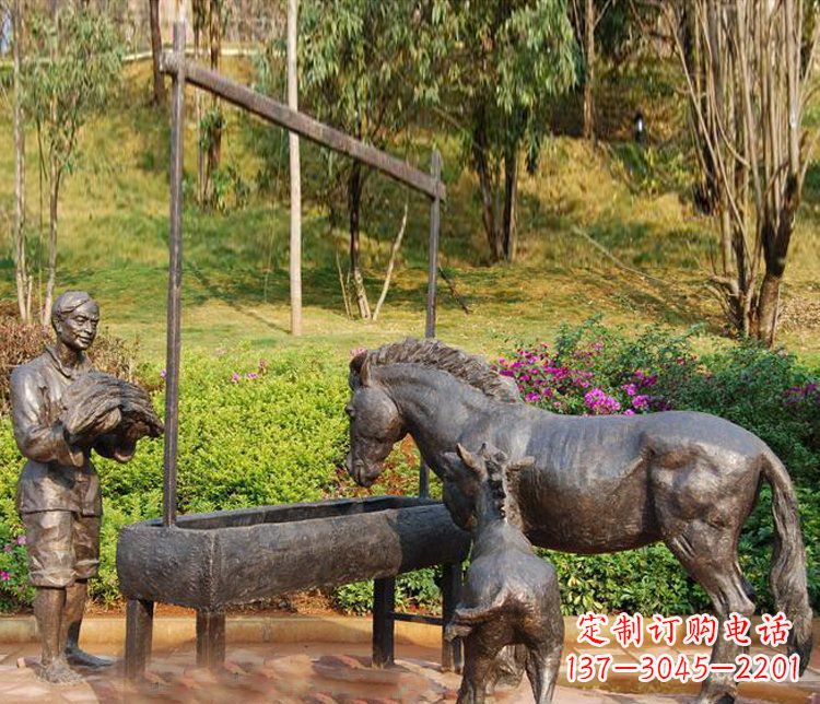 廊坊广场铜雕喂马动物雕塑