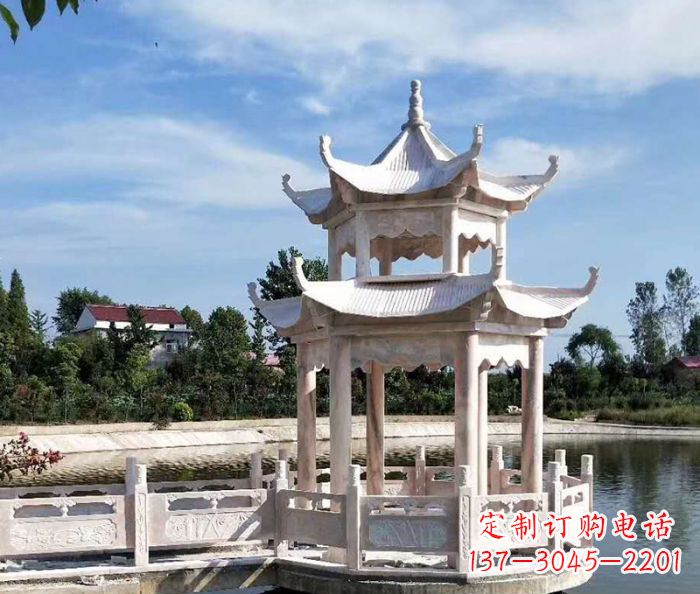廊坊海边景观晚霞红石雕凉亭