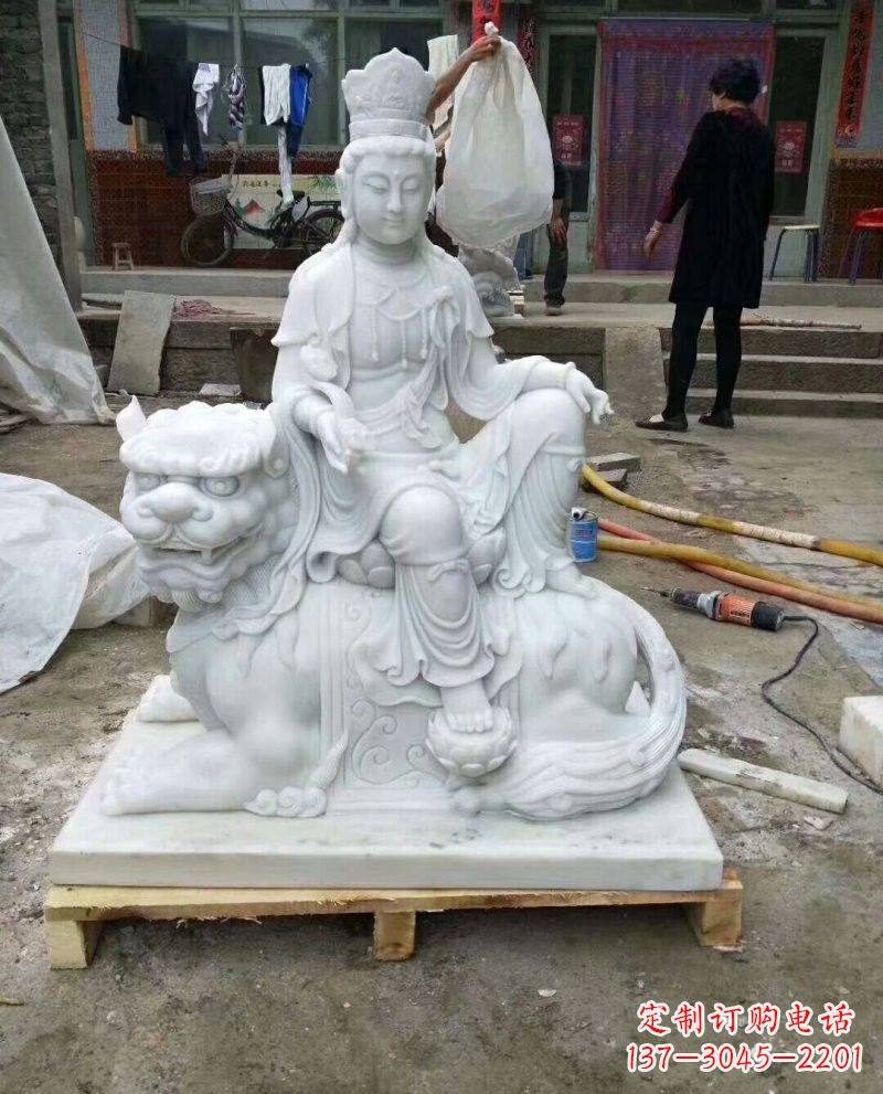 廊坊高端汉白玉文殊菩萨狮子雕塑