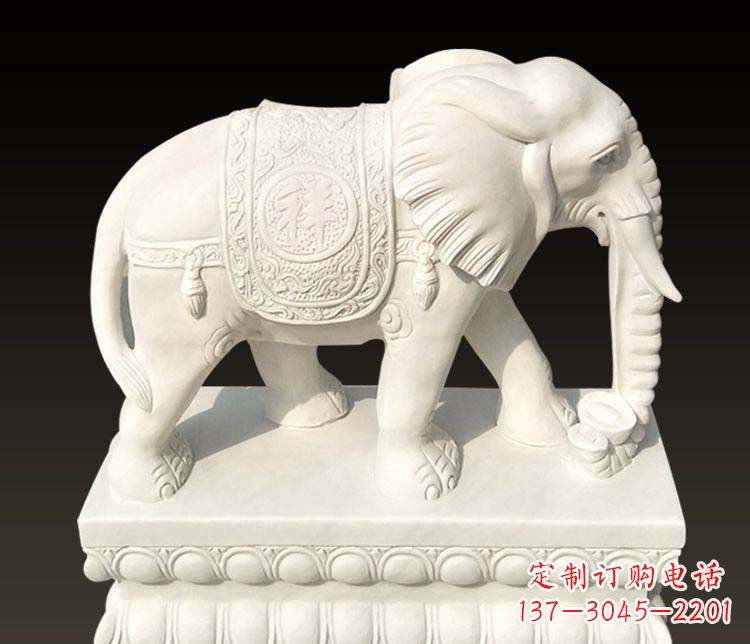 廊坊汉白玉吉祥如意鼻卷元宝的大象石雕