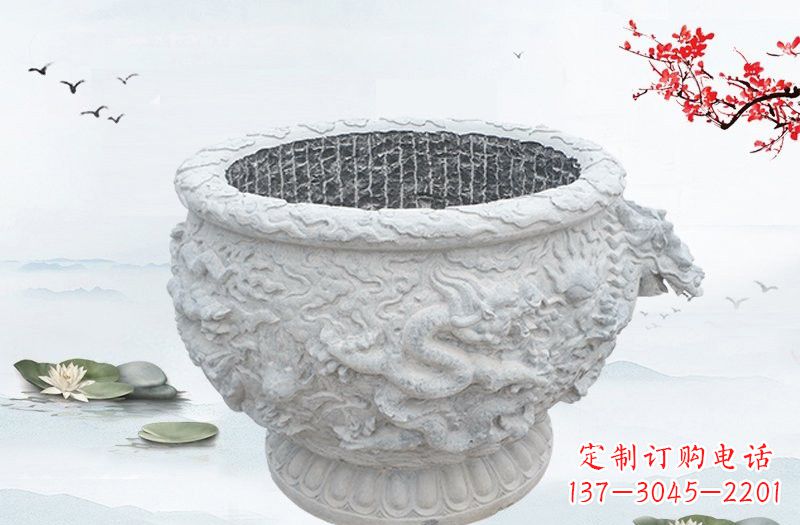 廊坊汉白玉龙浮雕水缸