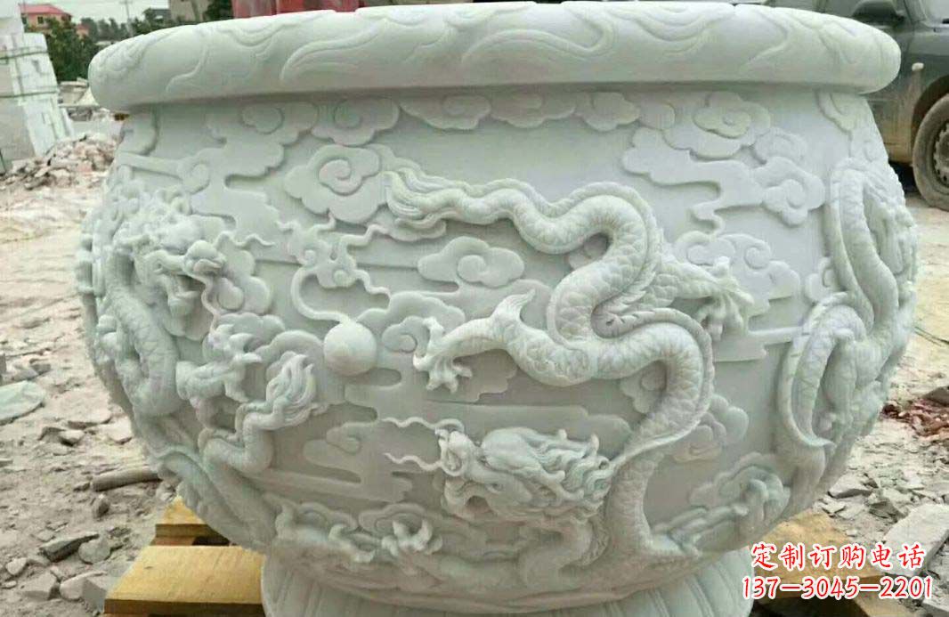 廊坊汉白玉龙浮雕水缸雕塑