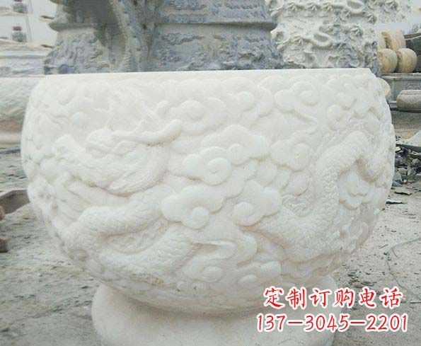 廊坊汉白玉龙浮雕招财石水缸