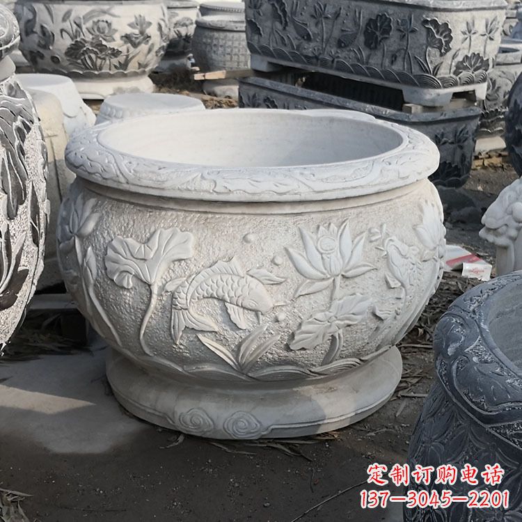 廊坊中领雕塑汉白玉石鱼缸雕塑,是一种精美的装…