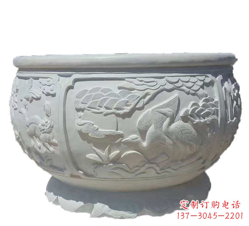 廊坊汉白玉松鹤延年浮雕水缸