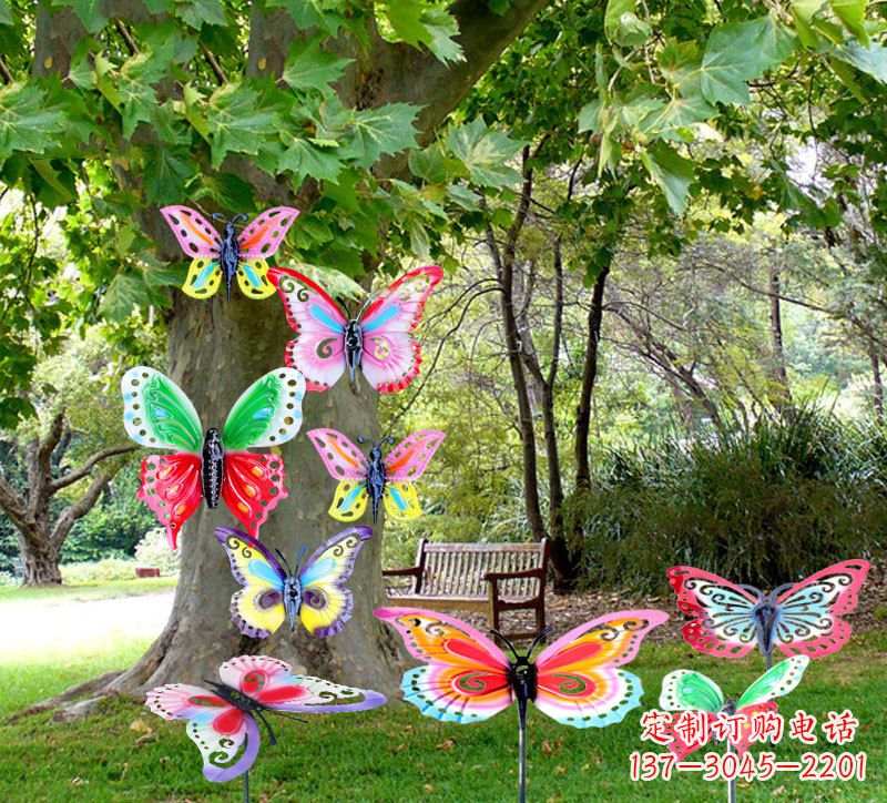 廊坊户外园林铁艺蝴蝶插挂件,小区花园仿真昆虫雕塑摆件