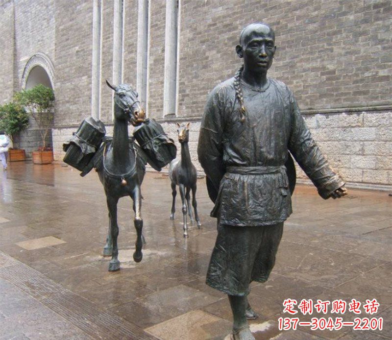 廊坊街边牵毛驴的古代人物小品铜雕