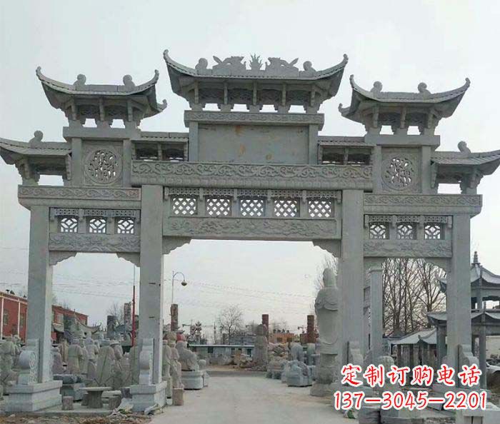 廊坊三门牌坊石雕,精美汉风石雕装饰景区