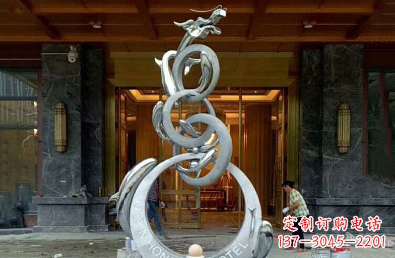 廊坊酒店不锈钢抽象鱼跃龙门雕塑