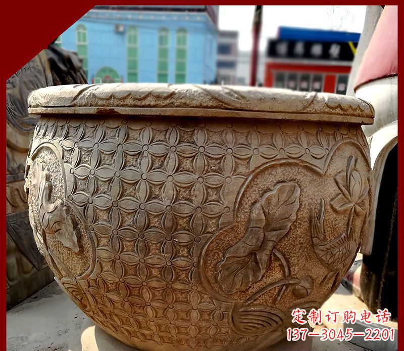 廊坊鲤鱼荷花浮雕仿古石水缸