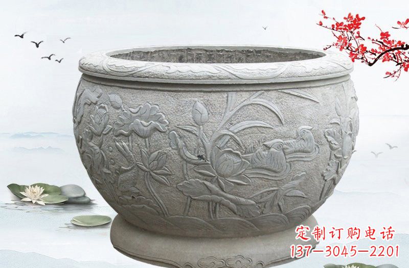 廊坊连年有余浮雕水缸石雕