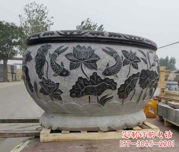 廊坊连年有余石浮雕仿古圆水缸 (2)