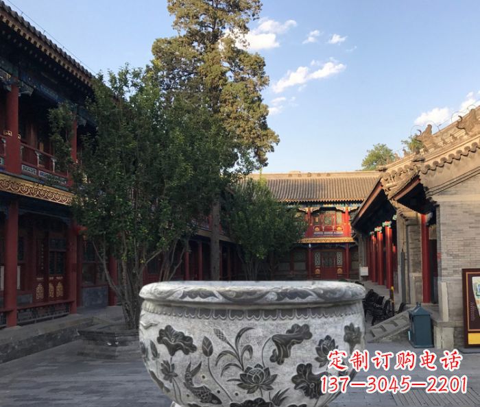 廊坊连年有鱼石浮雕圆形荷花水缸