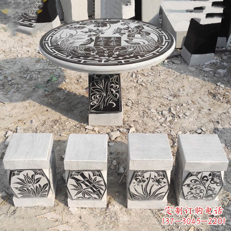 廊坊梅兰竹菊仿古方石桌凳雕塑,古朴典雅