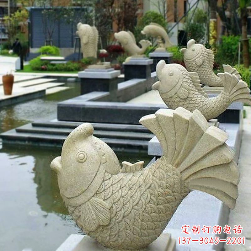 廊坊喷水鱼砂岩石雕-园林水池水塘动物喷泉雕塑