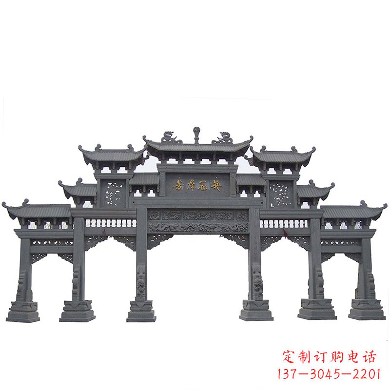 廊坊传承千年历史青石仿古五门石雕牌楼