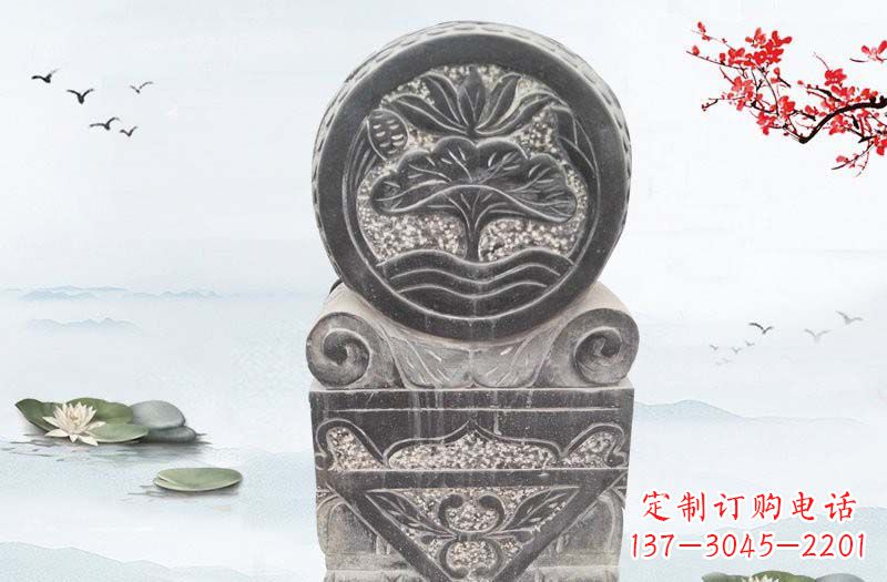 廊坊青石连年有余浮雕石门墩