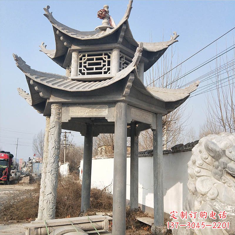 廊坊典雅精美的青石六角石凉亭雕塑