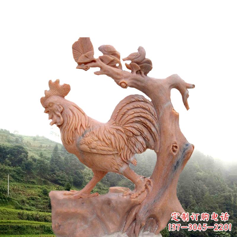廊坊生肖动物酉鸡晚霞红石雕
