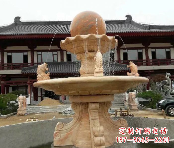 廊坊双层风水球喷泉晚霞红石雕