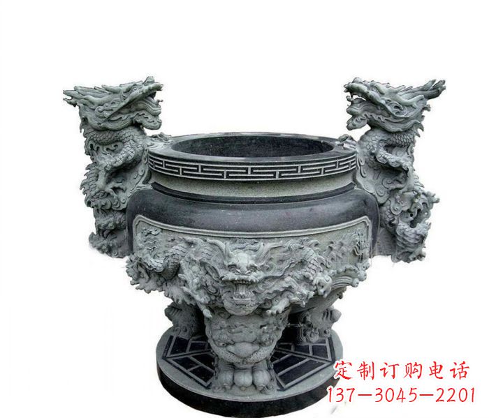 廊坊寺庙景观龙头水缸石雕 (2)