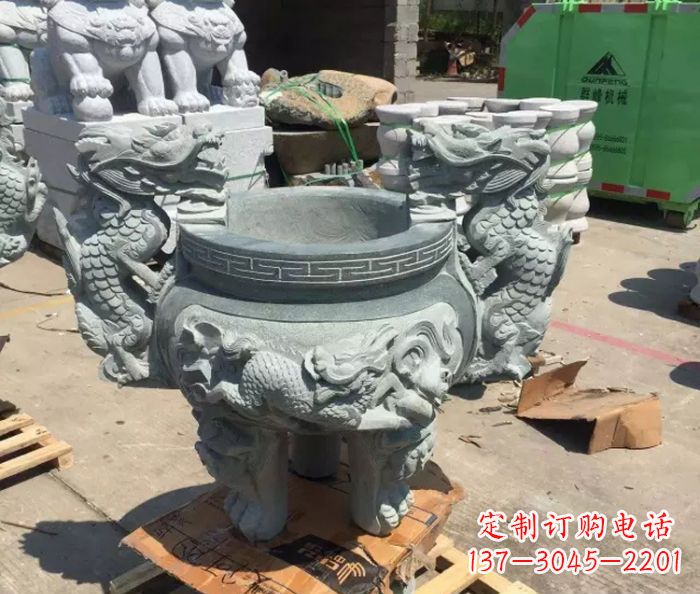 廊坊寺庙景观青石龙头香炉石雕 (2)