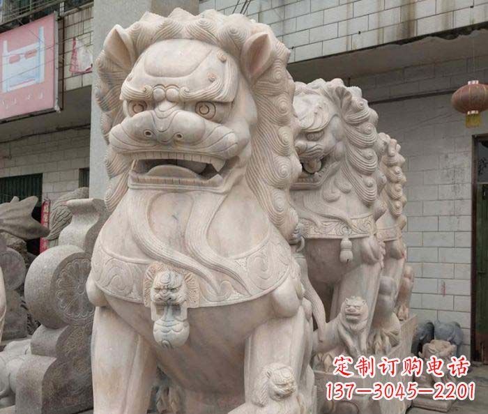 廊坊寺庙景观晚霞红狮子石雕