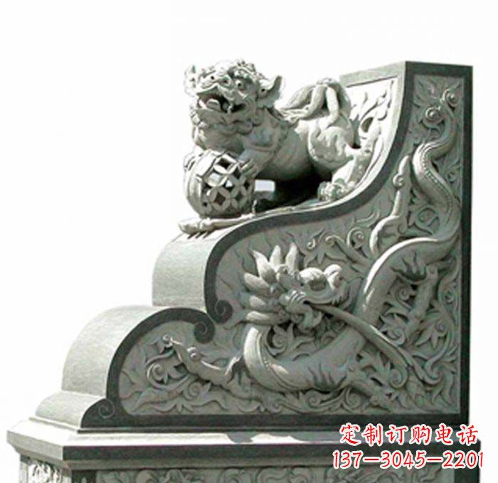 廊坊寺庙景观玩绣球狮子石雕门墩